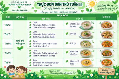 CÔNG KHAI THỰC ĐƠN TUẦN 3 THÁNG 9- NĂM HỌC 2026-2027
